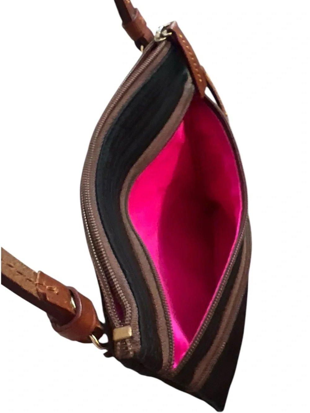 Dooney & Bourke Vintage Black Nylon Triple Zip Crossbody Bag, Hot Pink Interior